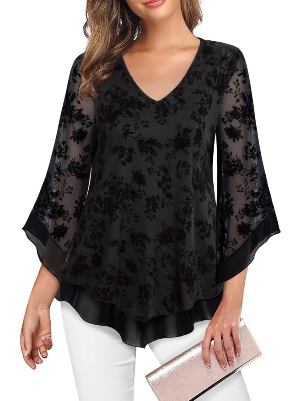 Women's Mesh Shirt Black Double Layer Ruffle 3/4 Flared Sleeve Blouse Tunic Top
